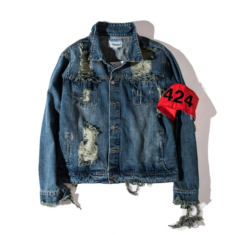

Men Women Punk youth zipper motorcycle Denim jacket Coat Four Two Four 424 broken hole ripped frayed Vintage cowboy Outerwear