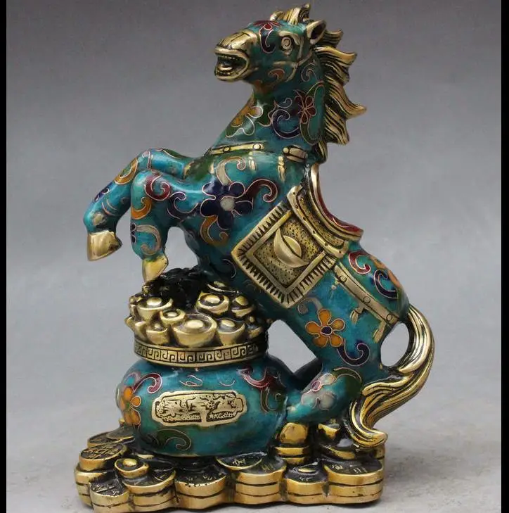 

671115573+++7" China Fengshui Cloisonne Bronze Gilt Zodiac Horse Wealth Treasure Bowl Statue