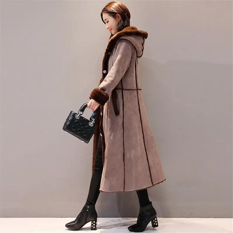 Осенне-зимняя женская замшевая куртка с капюшоном, пальто с длинным рукавом, теплая мягкая овечья шерсть, утепленная длинная куртка, зимнее пальто Abrigo Mujer Q632