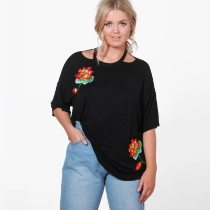 

Preppy Style Floral Embroidery T-Shirts Oversized 2017 Summer Black Light Gray Brief Half Sleeve Soft T Shirt Women 5XL 6XL 7XL