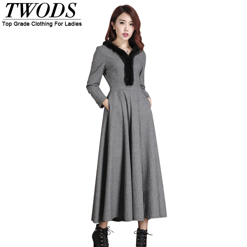 Twods 2016 new autumn and winter long wool dress fur collar grey wool