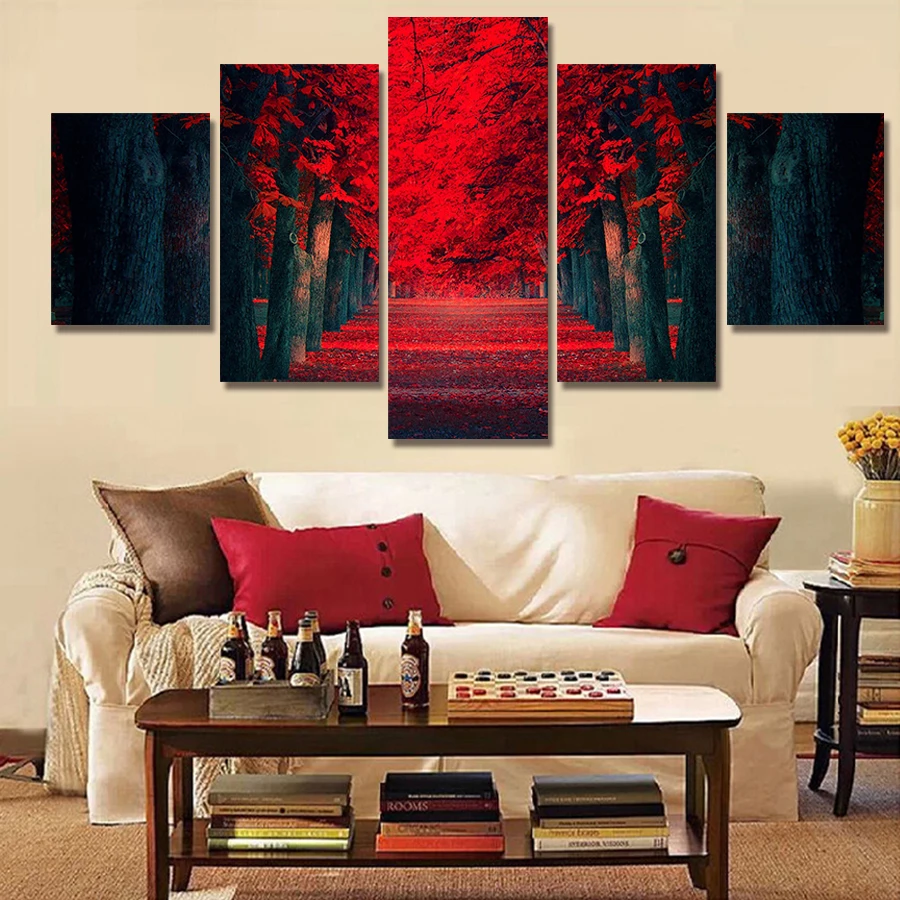 5PieceWallArtBeautifulRedForestModernWallPaintingOnCanvas