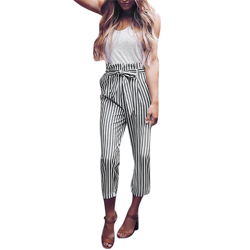 Women Pants 2018 Summer New High Waist Harem Pants Ladies Elegant Bowtie Elastic Waist Fashion Striped Casual Long Pants #J22 (5)