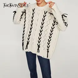 TWOTWINSTYLE осень-зима Для женщин ретро o-образным вырезом белый свитер с длинными рукавами черная лента свободные Размеры Повседневное