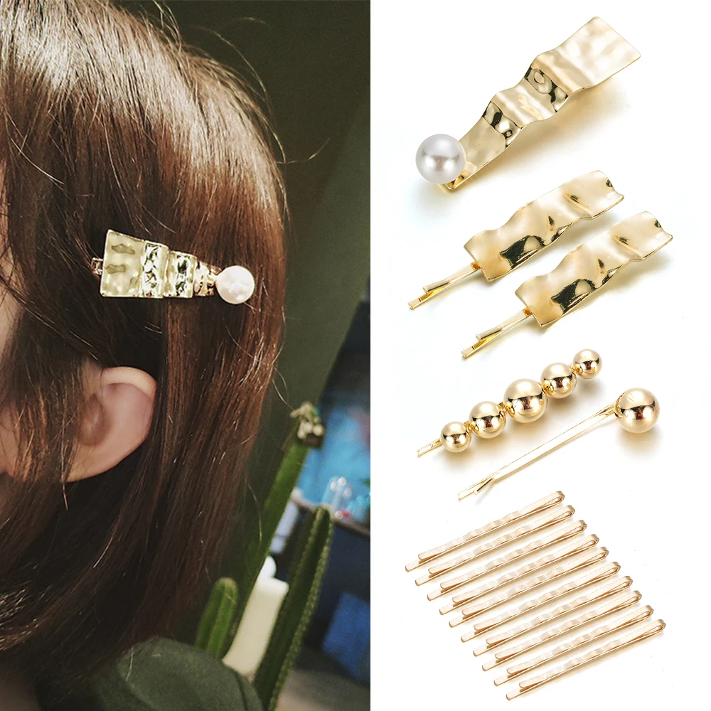 

2019 Women Barrettes Set Korean Simulated Pearl Gold Wave Hair Clip Hair Grips Hair Accessories Girls Jewelry Fashion Hair Pins