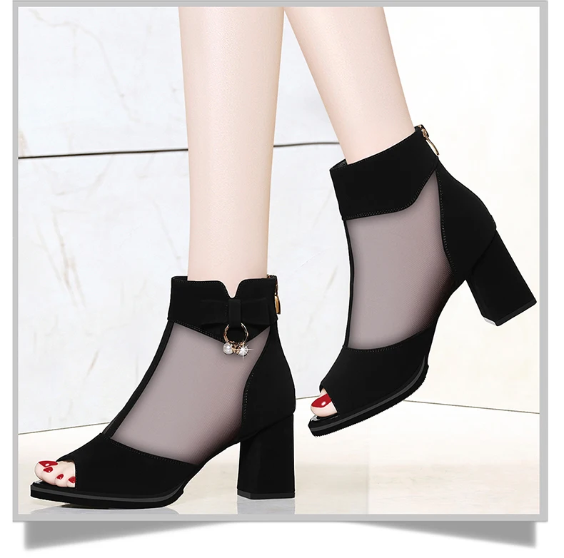 Летние Туфли с ремешком и пряжкой из сетчатого материала женские стразы ботильоны классические открытый носок в римском стиле; сандалии под платье, для вечеринки, на высоком каблуке, Лидер продаж E673