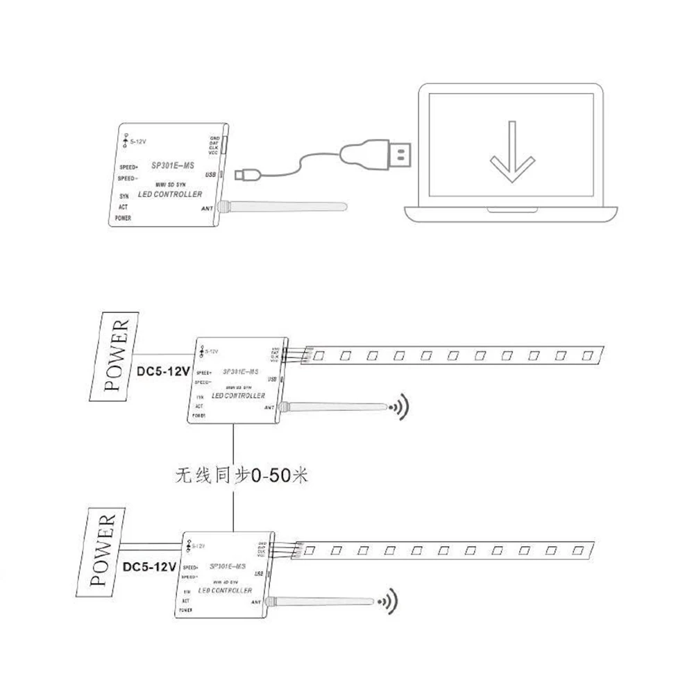 DC5-12V, SP301E-M/SP301E-MS программируемый RF синхронный контроллер для APA102 SK6812 WS2812B WS2811 Светодиодные ленты света