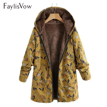 

5XL Big Size Floral Printed Jacket Women Vintage Plush Hooded Zipper Long Sleeve Coat Winter Autumn Womens Jackets And Coats