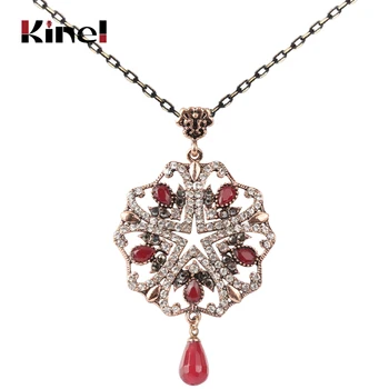 

Kinel Fashion Full Crystal Women Geometry Flower Pendant Necklaces Red Natural Stone Beads Antique Gold Vintage Wedding Jewelry
