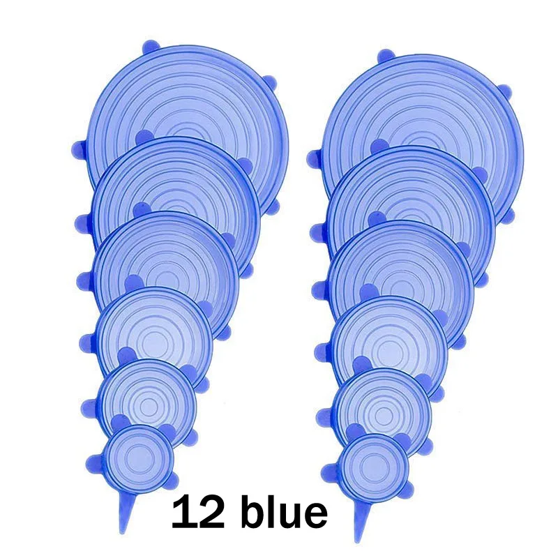 Силиконовые стрейч многоразовые крышки силиконовые крышки стрейч и уплотнение крышки чаши крышки прочный силикон стрейч и крышка для сохранения свежести 12 шт - Цвет: 12 blue