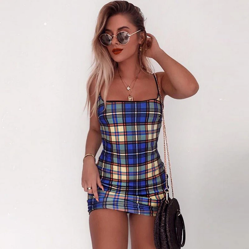 Sexy Mini Dress Women High Waist Spaghetti Strap Blue Plaid Slim Dresses Summer Beach Sheath Lace Up Party Dress Female