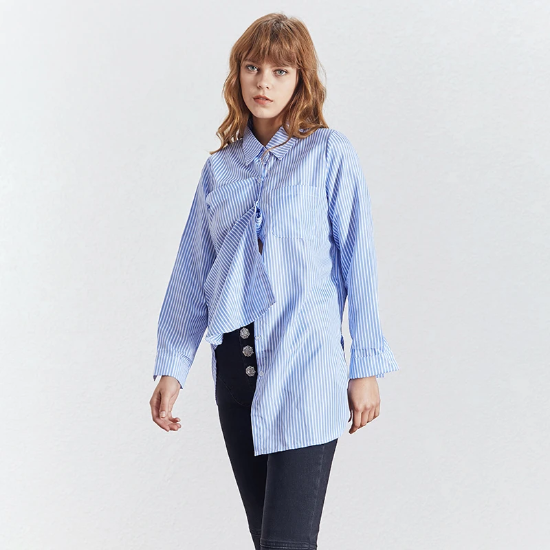 TWOTWINSTYLE Летняя Повседневная полосатая женская рубашка с отворотом длинным