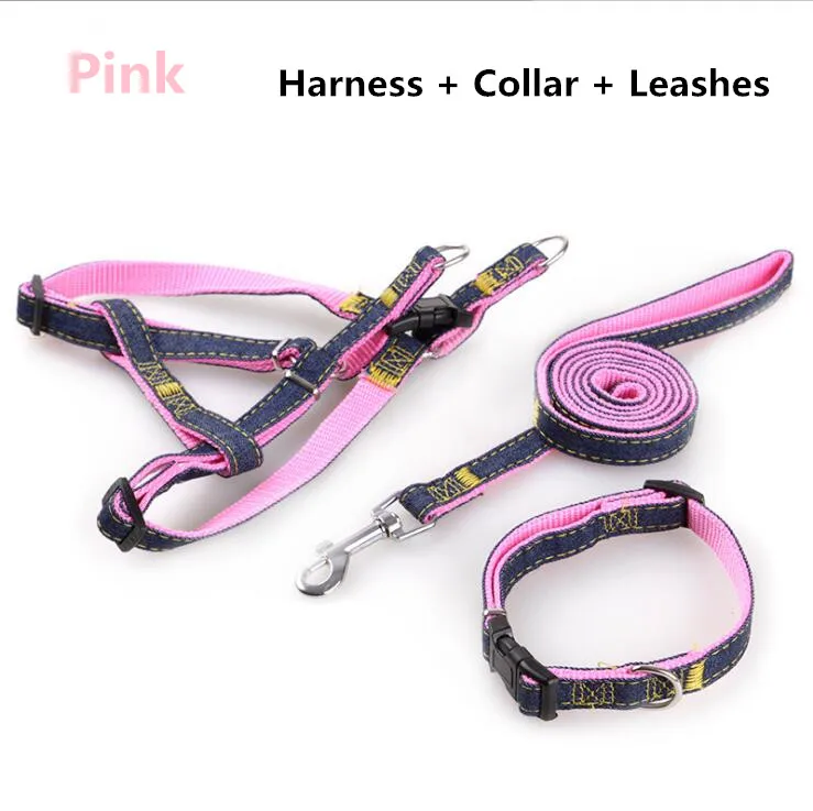 Pink 3 PCS Sets Хит, высокое качество, воротник, стереометрическая веревка, износостойкая, ковбойская, сшитая, Тяговая веревка, нагрудные ремни, воротник, набор, Джинсовые ремни для собак - Цвет: Pink 3 PCS Sets