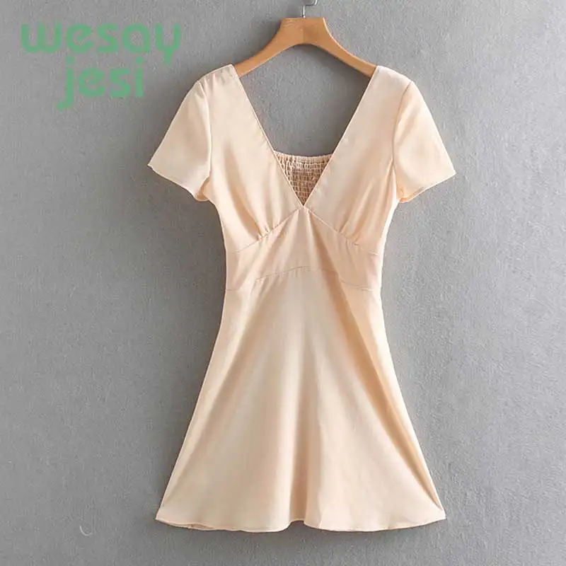 

Dress women Summer Pink Mini Dress Deep V-neck Short Sleeve Women Dress Elegant Elastic Waist Dresses