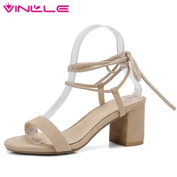 

VINLLE 2020 Women Sandals Lace Up Square High Heel Fashion Casual Women Shoes Kid Suede Apricot Women Sandals Size 34-39