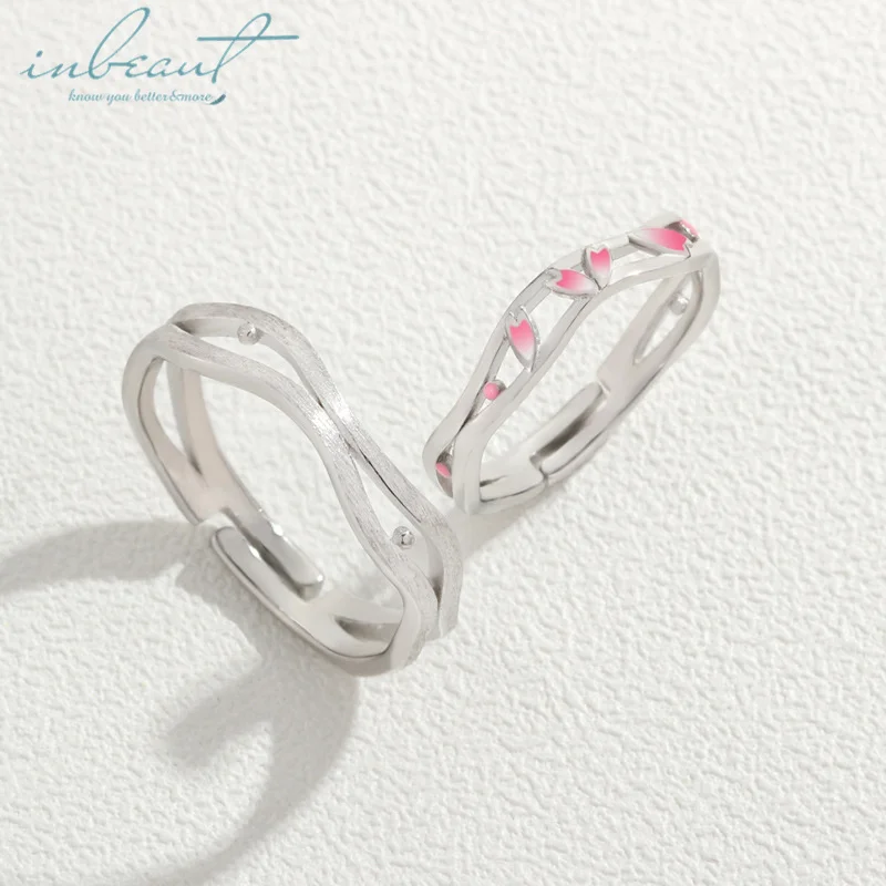 

inbeaut Silver Pink Cherry Blossoms Couple Rings Drop Flowers Flowing Water S925 Artistic Ring for Lovers' Party Wedding Jewelry
