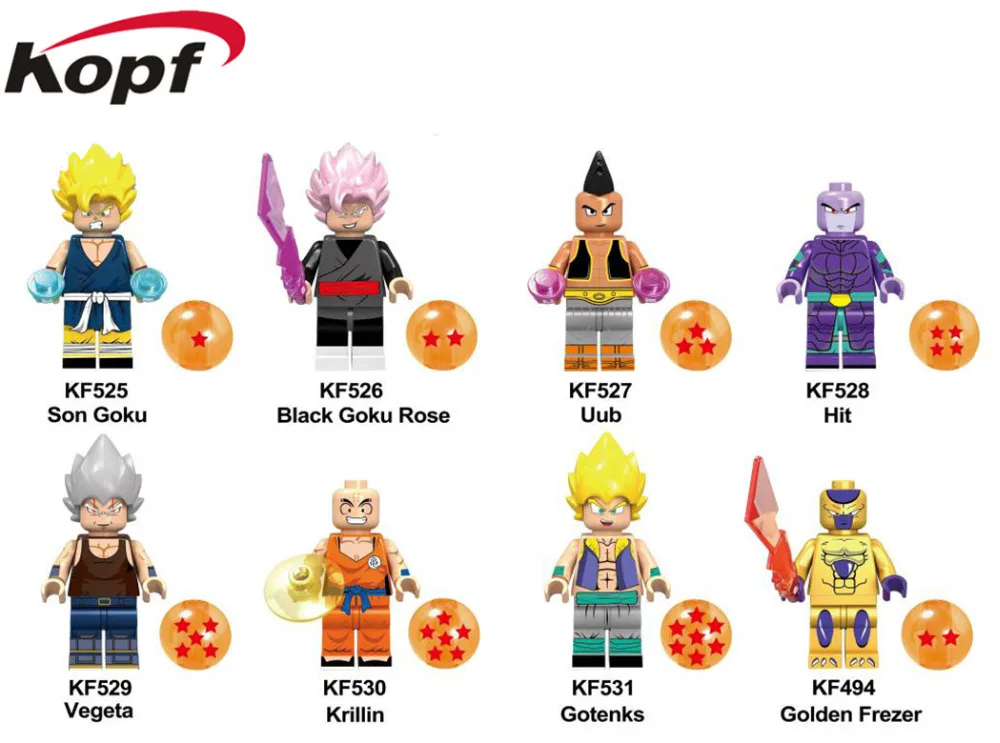 

8Pcs/set KF6040 Super Heroes Dragon Ball Series Son Goku Uub Hit Gotenks Vegeta Krillin Figures Building Blocks Children Toys