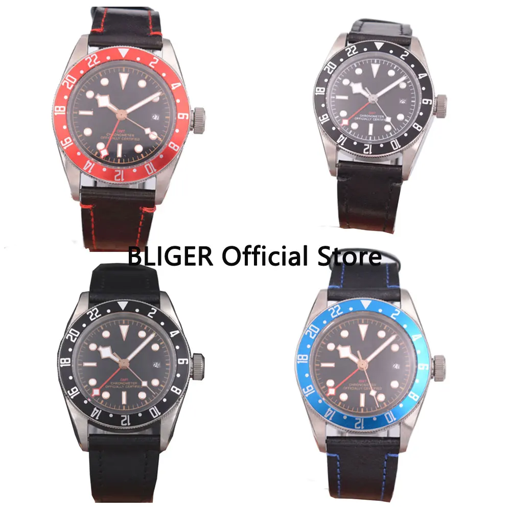 

Sapphire 41mm Black Dial Diver Watch Leather Folding Clasp Black Bezel GMT Dual Time Display Automatic Movement Men's Watch CG-2