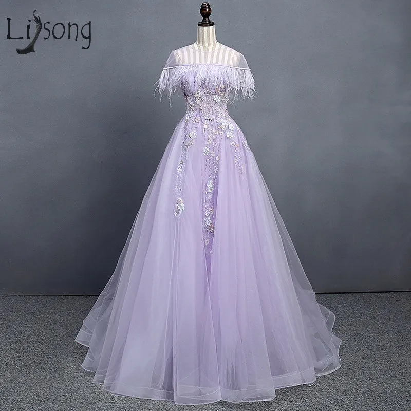 

Elegant Lavender 3D Flower Evening Dresses 2018 Vintage Feather Long Evening Gowns A-line Formal Party Dress Abendkleider