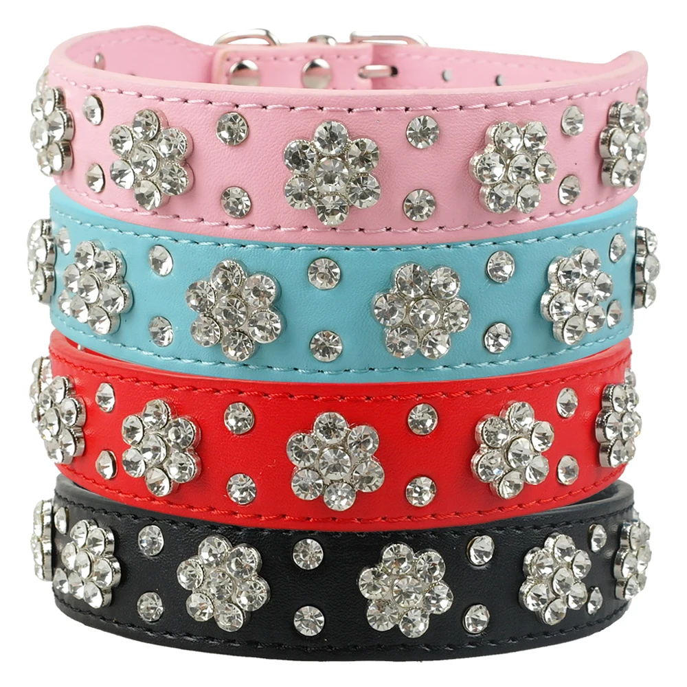 Rhinestone Bling Flower Studded PU Leather Dog Collar Crystal Puppy Collars for Small to Medium