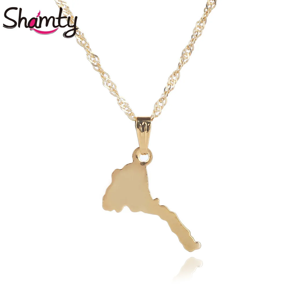 

Shamty Trendy Small Size Smooth Eritrean Map Necklace Pendants 50cm Chain Pure Gold Color Jewelry Ethiopian Eritreans Gift Items