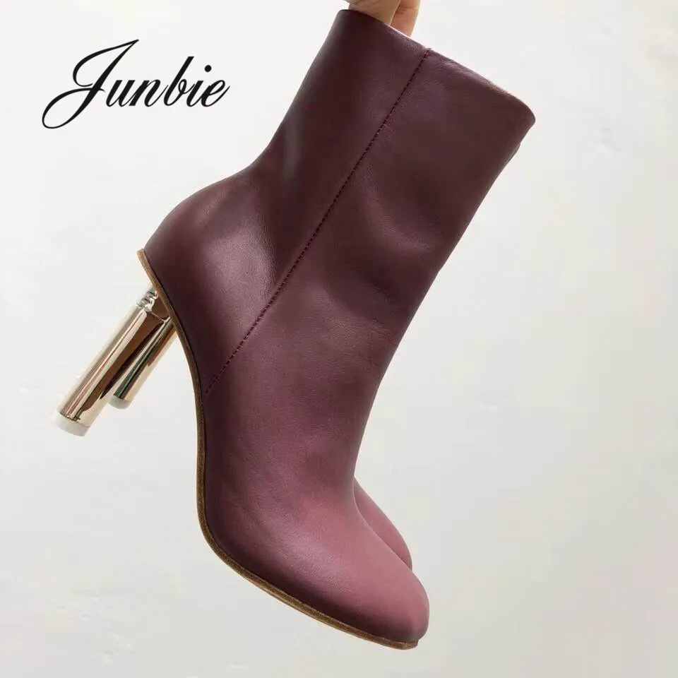 

JUNBIE Top Quality Famous Brand Genuine Leather Metal Heel Women Boots Round Toe Zip Side Motorcycle Boots Shoes Women