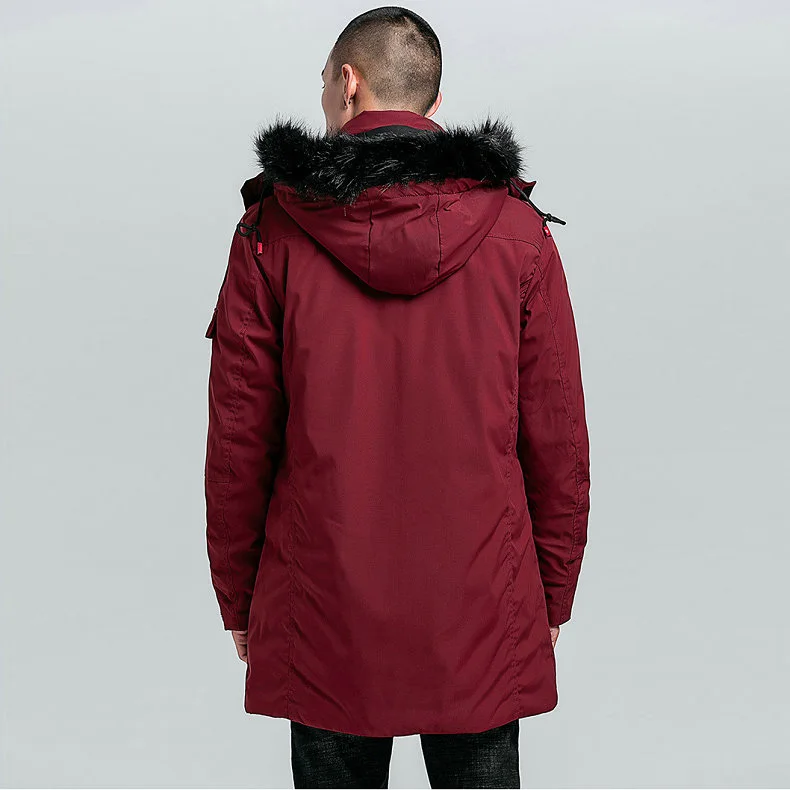 Мужская зимняя куртка с меховым капюшоном, плотное теплое длинное Стильное мужское зимнее пальто, однотонная Повседневная ветровка, парка для мужчин
