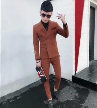 

2019 new double-breasted suit suit male Korean version of the slim business casual small two-piece suit men clothing