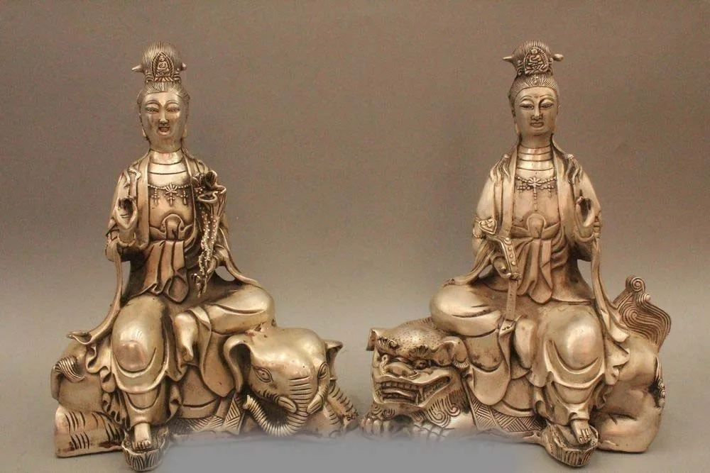 

11" Chinese Silver Wenshu Puxian Manjushri Goddess Ride Lion Elephant Statue Pai