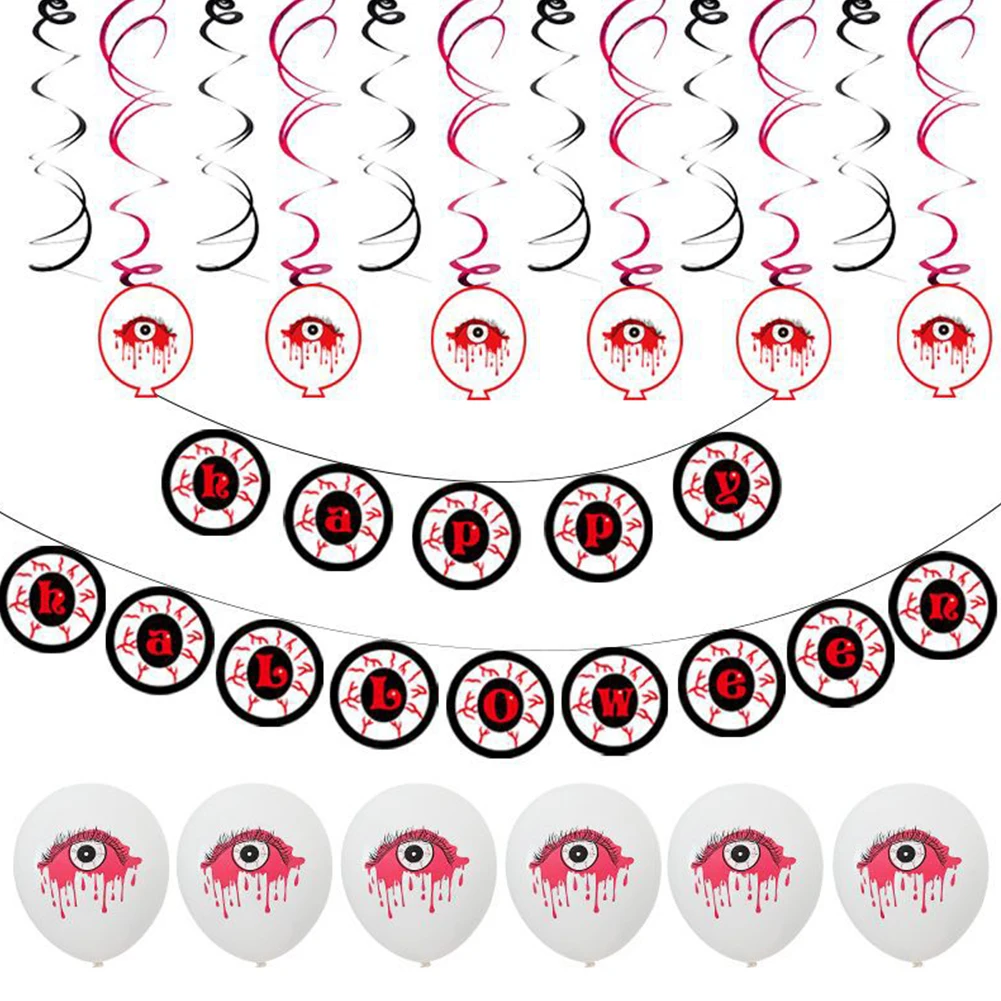 

Red Eyes Ornaments Happy Halloween Funny Pendant Haunted House Props Latex DIY Kids Party Decoration Balloon Set Paper Banner