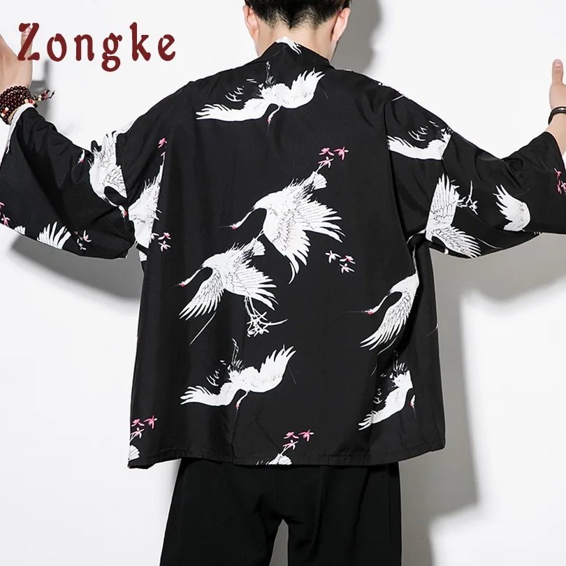 Zongke китайский Стиль кимоно, кардиган, Для мужчин кран печатных черный кимоно, кардиган, Для мужчин Повседневное кимоно куртка Для мужчин лето - Цвет: Black White