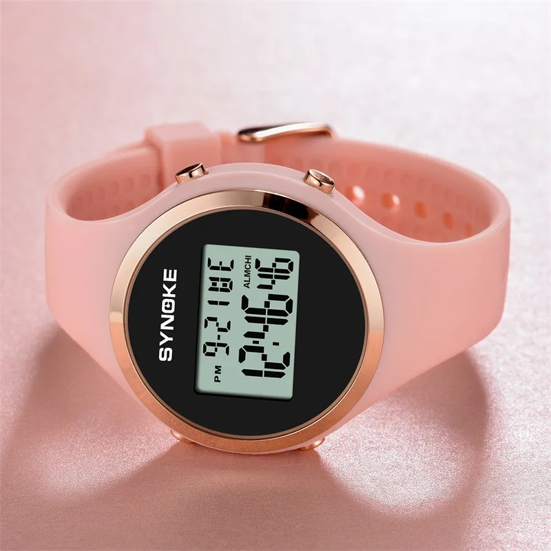 SYNOKE Women Sport Watch Pink Silicone Digital Candy Color Alarm Chronograph Multifunction Fashion Gril Wristwatch