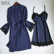 BZEL, новинка, Женский Сексуальный Кружевной Шелковый халат и халат, комплект, платье для сна+ халат, 2 предмета, 3 цвета, халат, свадебная Пижама, нижнее белье