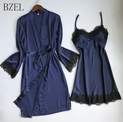 BZEL Новый Для женщин пикантные шелковый халат и платье Набор сна + халат из двух предметов 3 цвета халат невесты Свадебная Пижама Нижнее белье