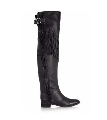 

Concise Style Women Black Round Toe Knee-High Winter Boots Fashion Fringe Decoration Buckle Strap Low Heel Booties Waterproof