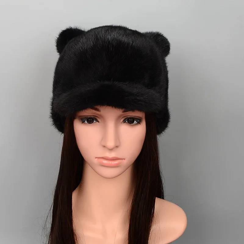 Новая норковая шапка женская кошачья Ушная норковая меховая шапка MZ19 - Цвет: Черный