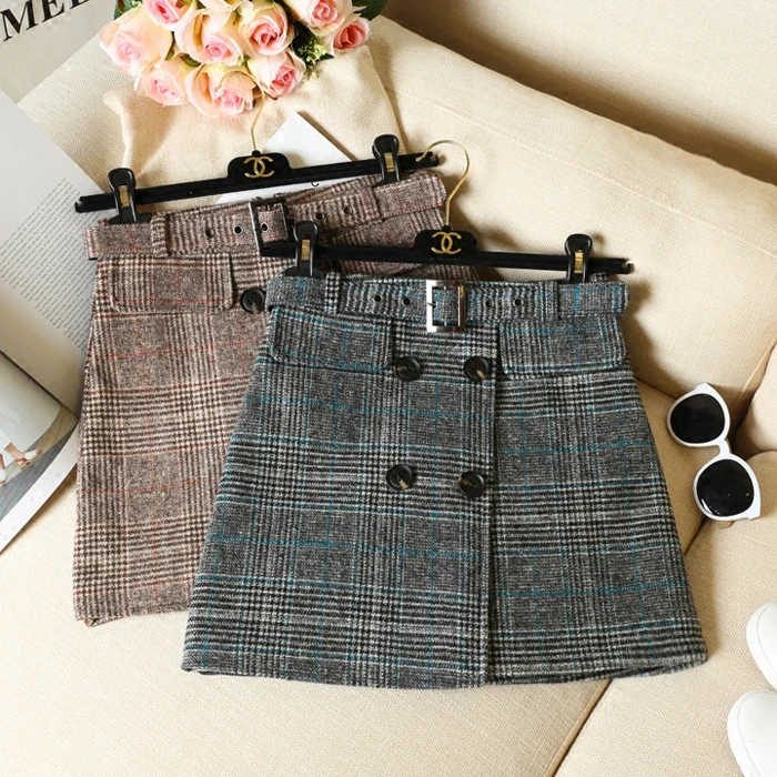 

2018 New Above Knee Women Skirt Mini Plaid Special Offer With Waist Belt Winter Woolen Blends Double Breasted Plaid Female