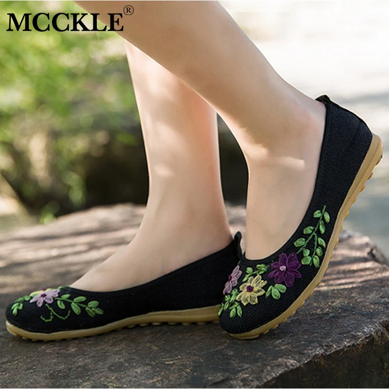 

MCCKLE Autumn Casual Flat Women Loafers Canvas Flower Embroidered Shallow Slip On Ballet Flats Female Plus Size Shoes Footwear