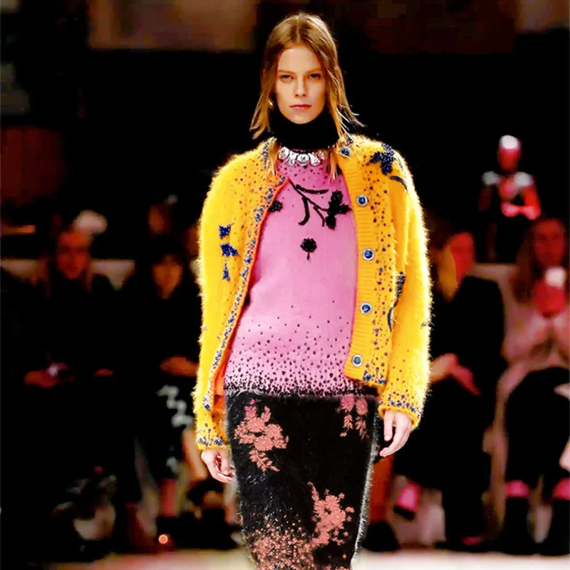 Высокое качество свитер для женщин Элитный бренд бисером цветок мохер толстый теплый вязаный Пуловеры