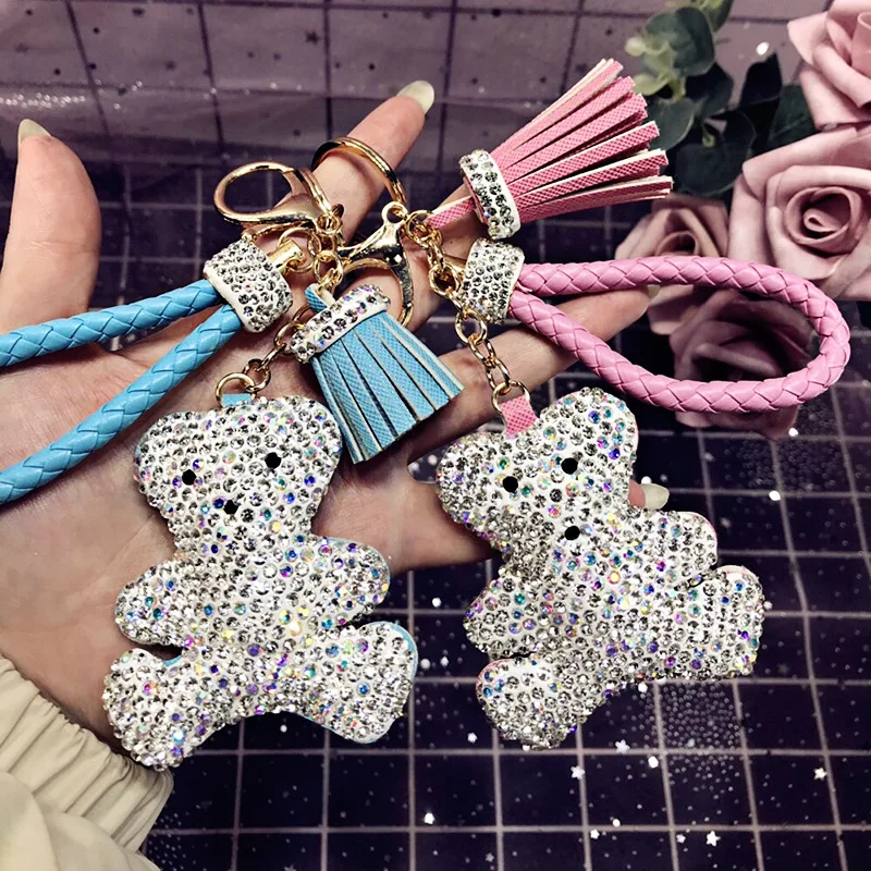 

2019 Leather Tassel Cartoon Bear Keychains Rhinestone Crystal Resin Deer Key Ring Holder Charm Bag Women Car Key Chains Pendant