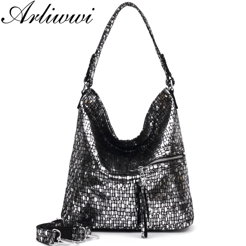 Arliwwi Brand 100% Genuine Leather Black Silver Shiny Female Shoulder Bags Elegant Real Suede ...