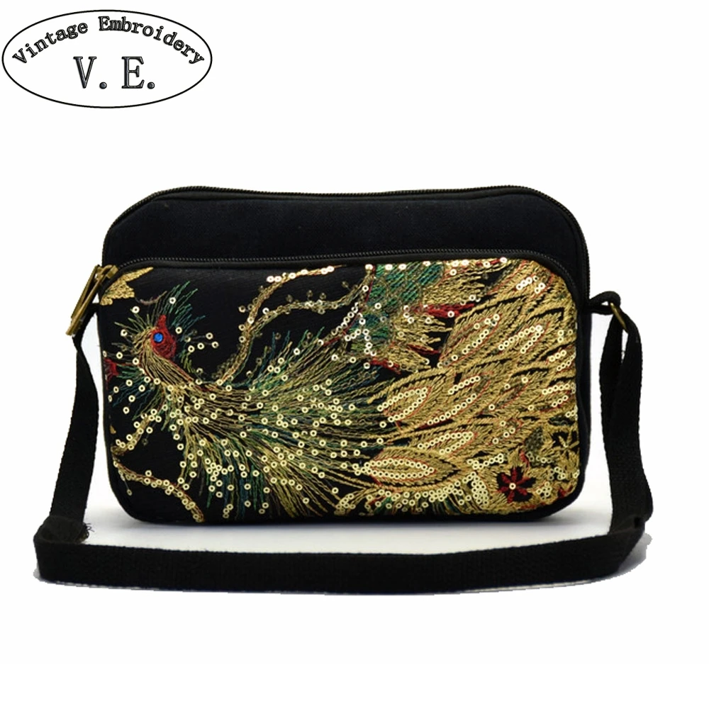 

Vintage Embroidery Ethnic Women Shoulder Messenger Bag Peacock Sequin Embroidered Small Totes Three Zipper Phone Coin Bags