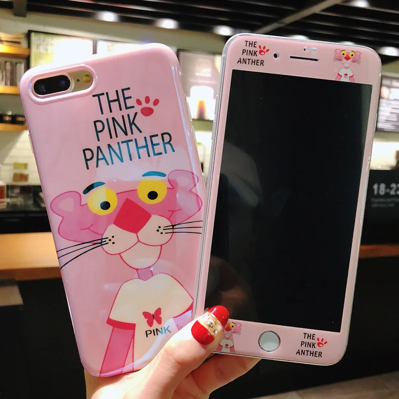

Cute pink panther case + glass flim For iPhone 7 7Plus Tempered Glass Screen film & Leopard Cover for iPhone X 8 8plus 6 6S 6SP