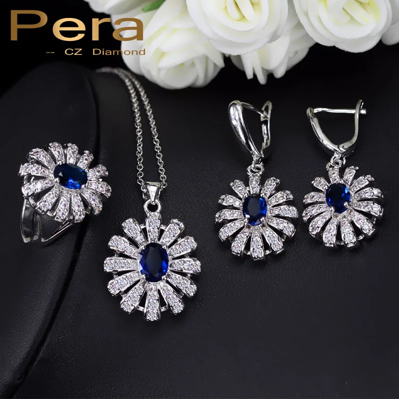

Pera CZ New Arrival Fashion Roya Jewelry Big Flower Blue Crystal 925 Sterling Silver Necklace/Earrings/Rings Sets For Women J190
