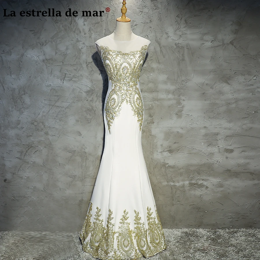 

La estrella de mar Wedding party dress 2018 New lace and satin sexy mermaid Gold ivory muslim arabic bridesmaid dresses long