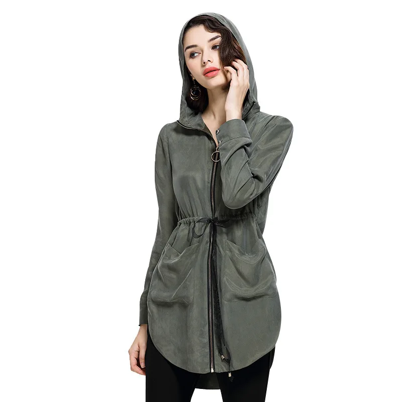 Veste Manteau Green Tranchée Motif Ammoniac Cuivre Capuchon Mode Casual Femmes Manteaux white De Dark À Printemps Pissenlit La Soie Zipper Impression Longue wRtAqS
