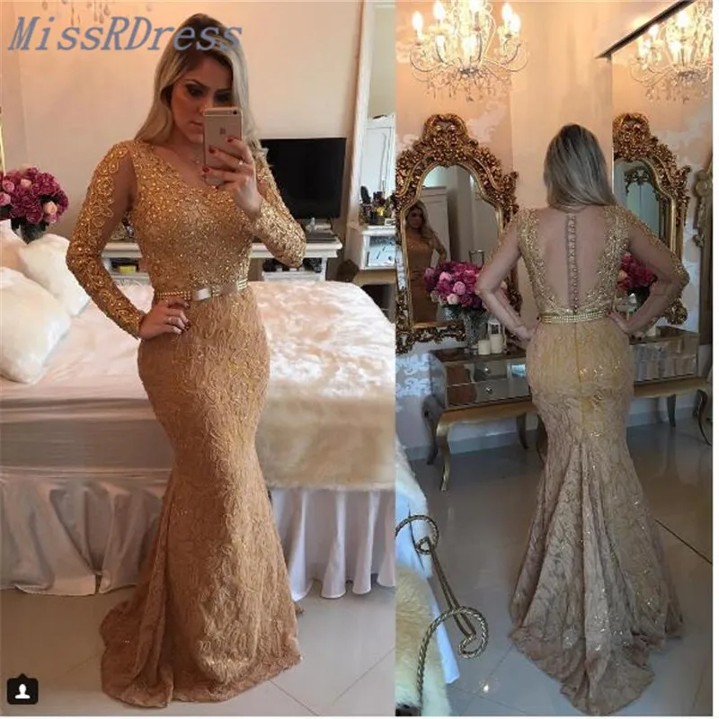 2017 Illusion Sheer Long Sleeves Barbara Melo Trumpet Prom Dresses Allover Lace applique with sequins detail Button Back Gowns |