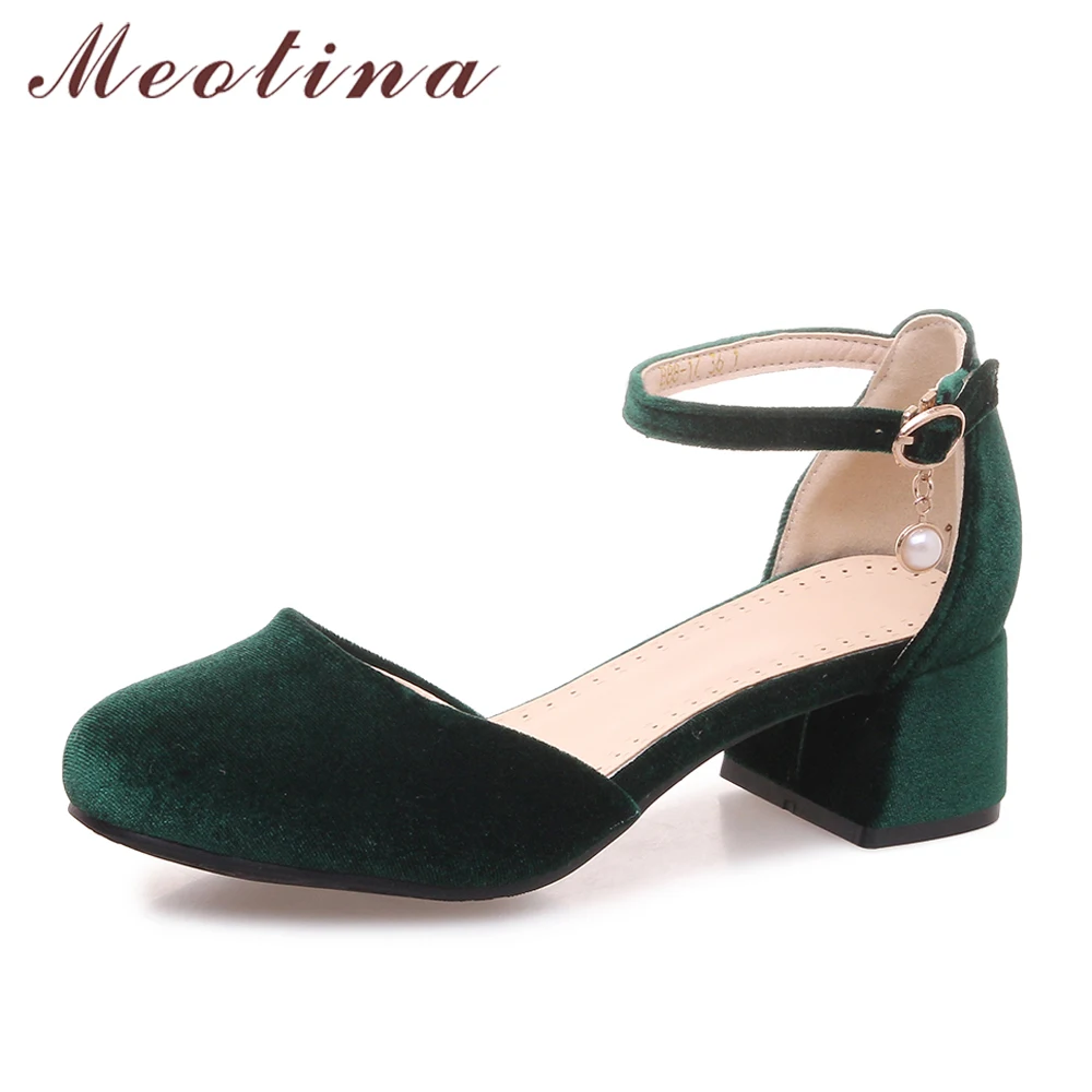 green velvet block heels