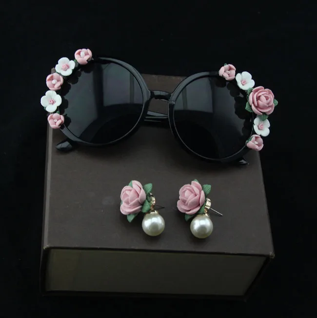 Подиум барокко женские Девушки Розовый Цветок Солнцезащитные очки Ретро Декор цветочные солнцезащитные очки летние пляжные очки