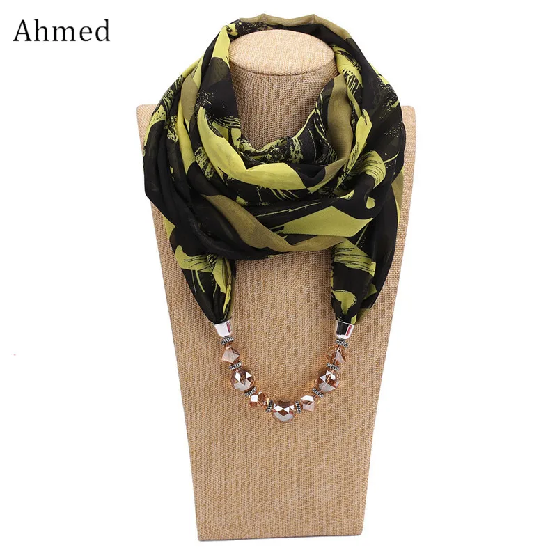 

Ahmed Fashion Printed Chiffon Statement Beads Scarf Necklace for Women New Design Bohemian Head Scarves Collar Jewelry